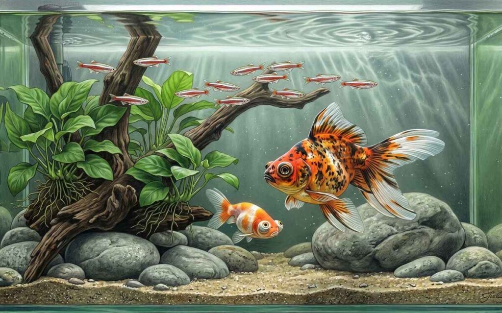 Telescope Goldfish swimming in a planted aquarium with white cloud minnows