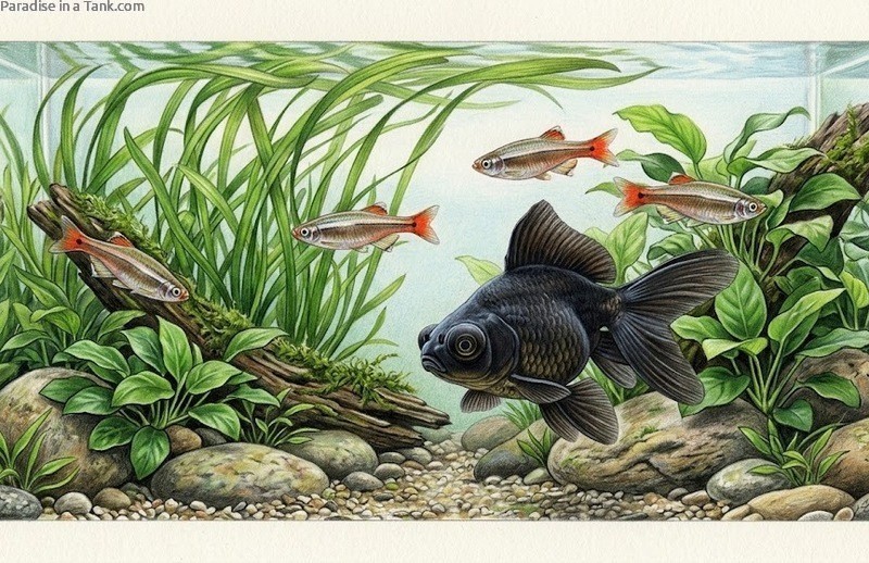 Black Moor Goldfish in a planted aquarium with white cloud minnows