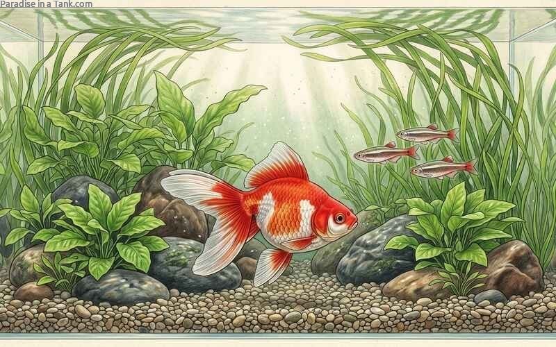 A Fantail Goldfish swimming in a planted aquarium.