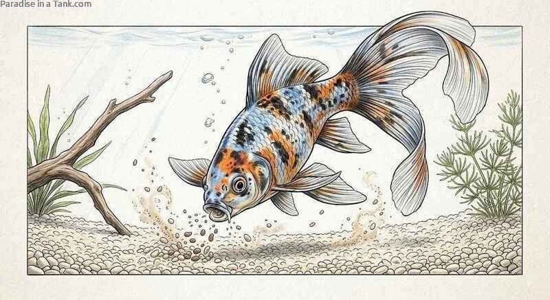 A Shubunkin Goldfish eating fish food pellets.