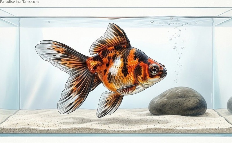 Side profile of a colorful butterflytail goldfish swimming gracefully in a clear aquarium.