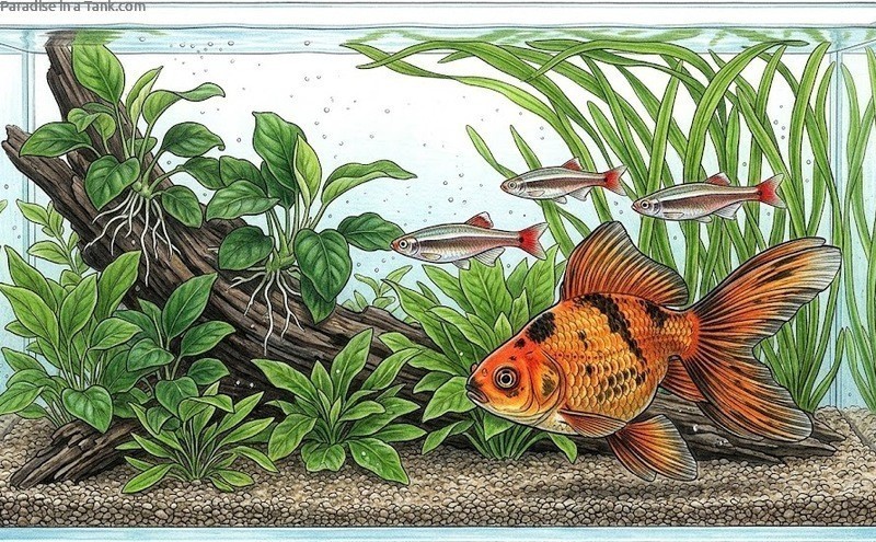 A butterfly tail goldfish in a tank.