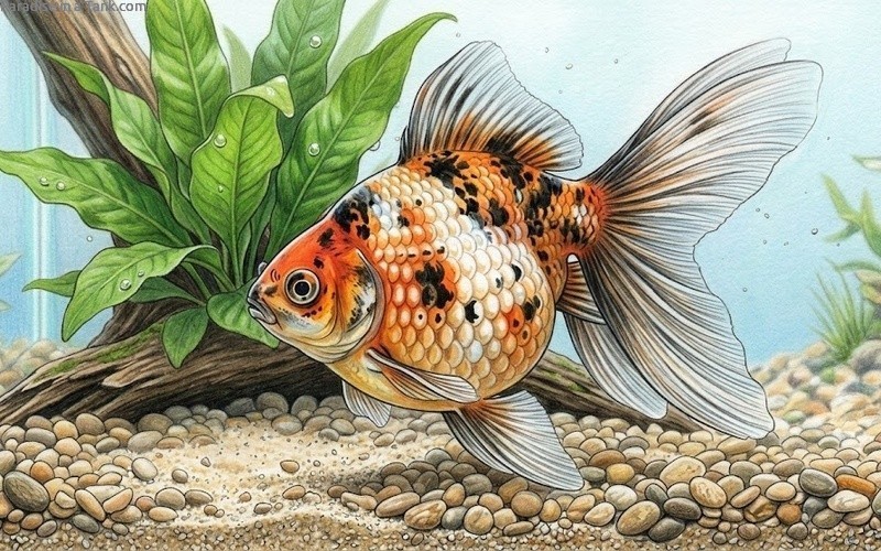 pearlscale goldfish in a planted tank.
