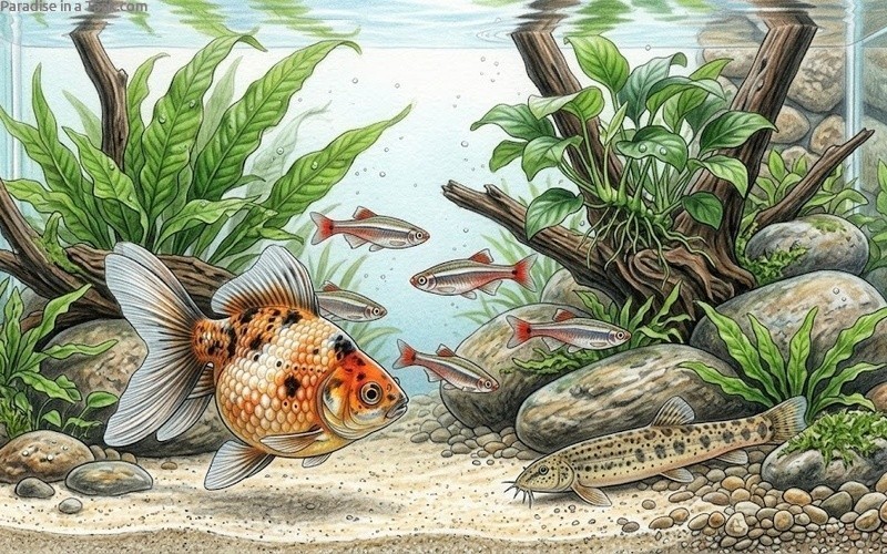 Pearlscale goldfish in a community aquarium.