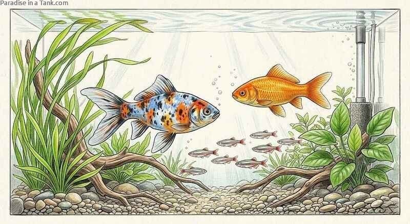 Shubunkin and Common Goldfish in a tank.