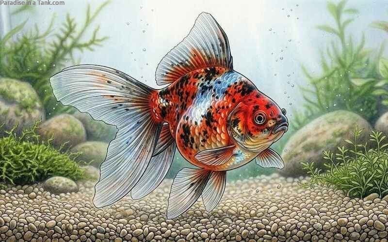 Veil Tail Goldfish in an aquarium with rocks