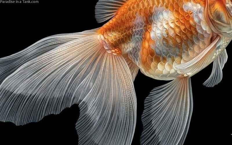 Close up view showcasing the elegant, semi transparent nature of the tails on Veiltail Goldfish.