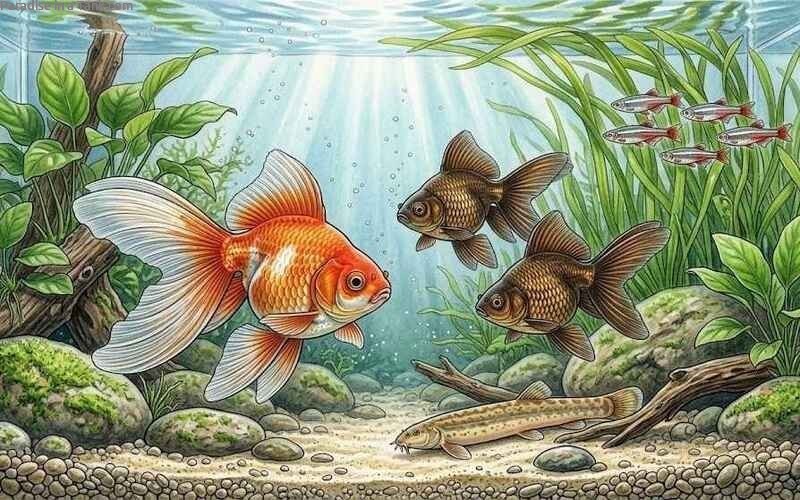Veiltail and Fantail goldfish swimming inside a planted freshwater tank.