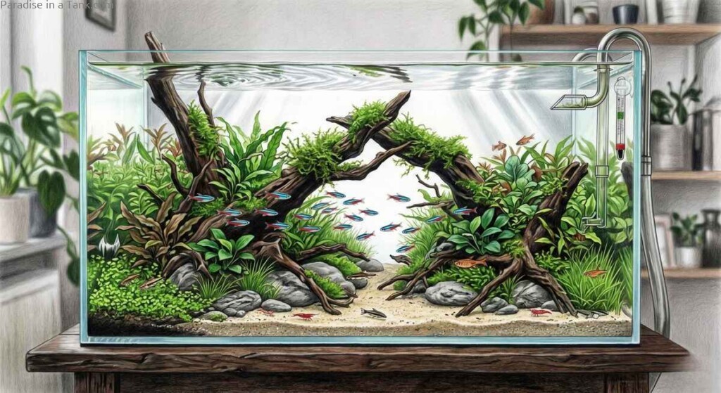 A planted aquarium on a stand.