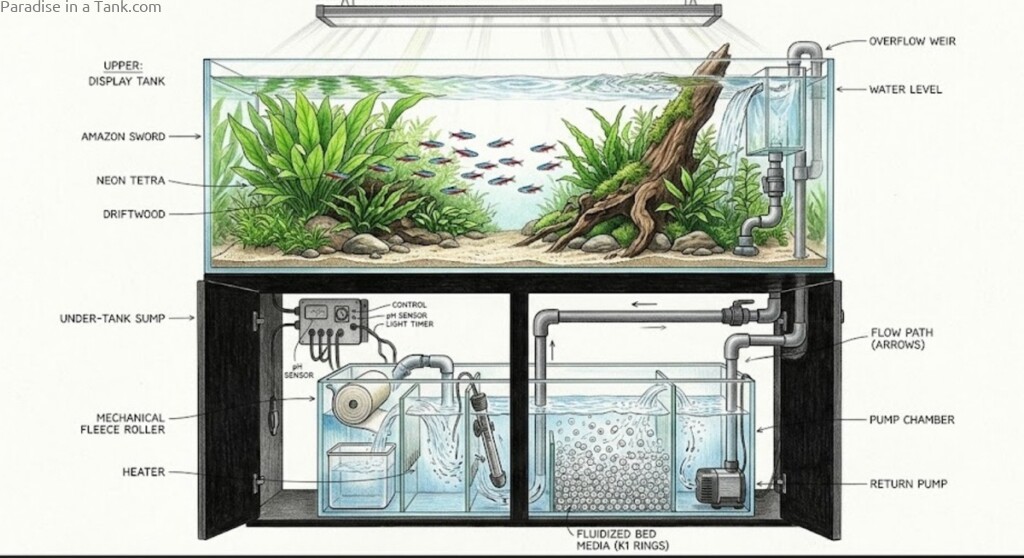 An aquarium sump under a planted tank.
