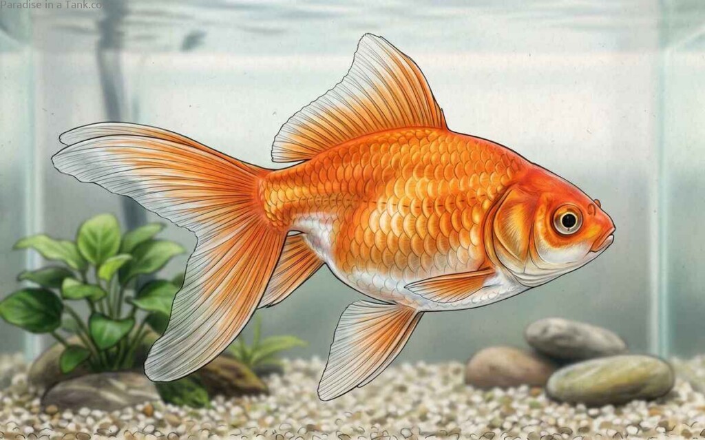 Side view of a majestic Fantail Goldfish swimming near the aquarium glass.