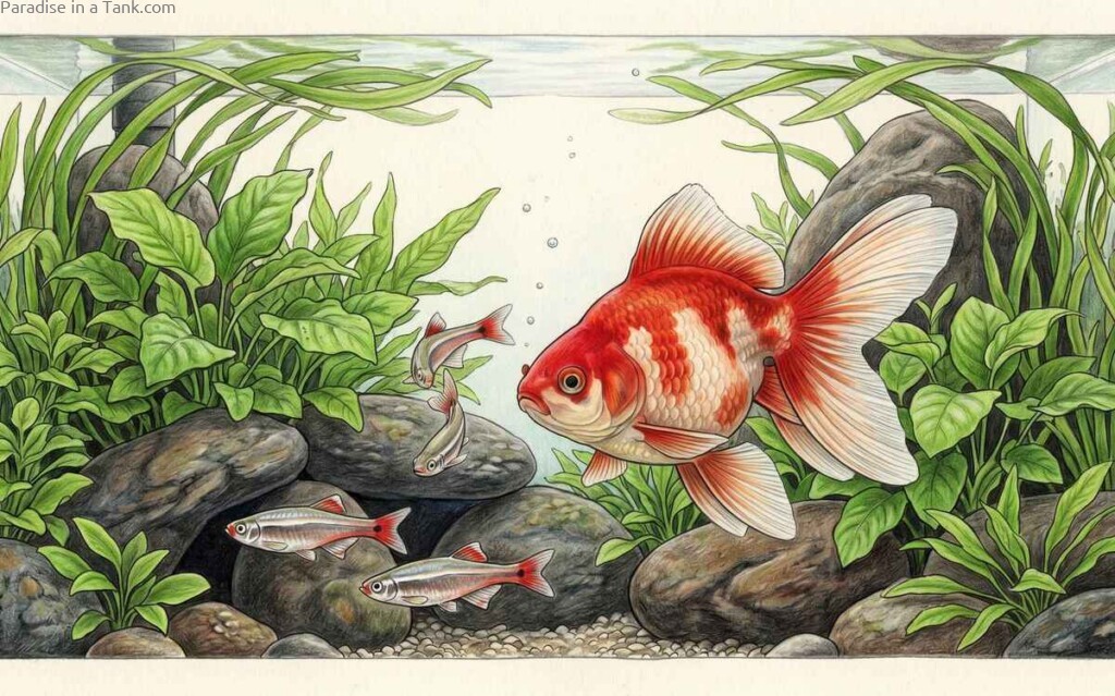 A vibrant Orange and White Fantail Goldfish in a community aquarium.
