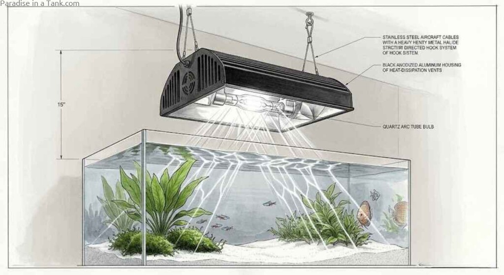 A MEtal Halide lamp providing bright light to an aquarium