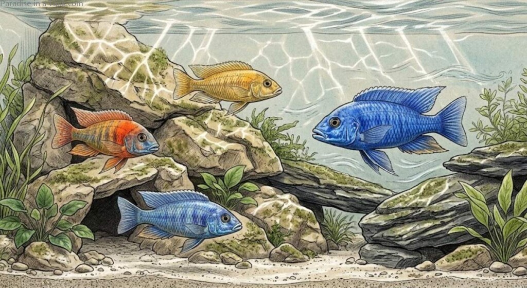 Peacock Cichlids in a rock filled aquarium