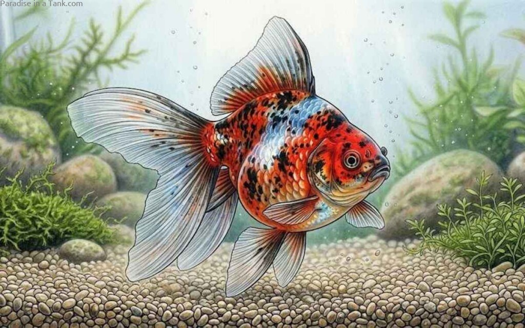 Close up view of a colorful Veiltail Goldfish showing long flowing fins.