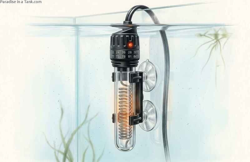 An aquarium heater attached to glass.