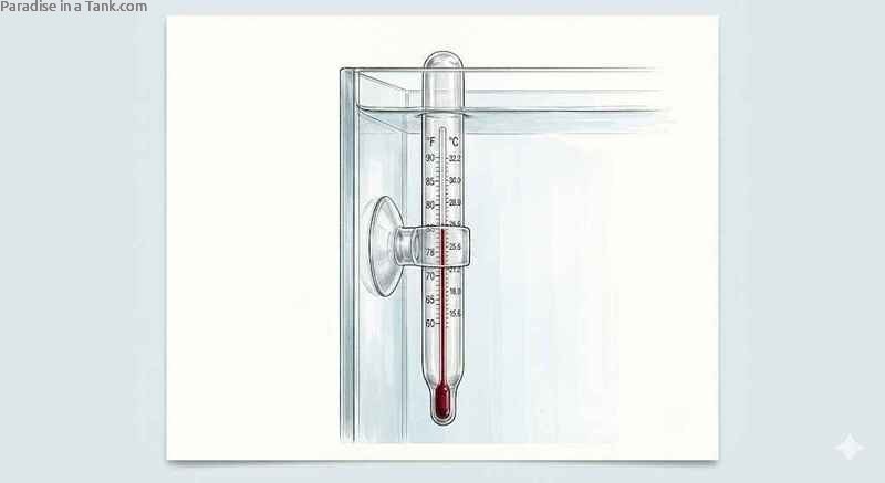 An aquarium thermometer attached to glass.