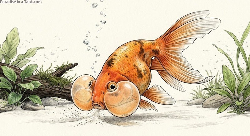 bubble eye goldfish searching for food.