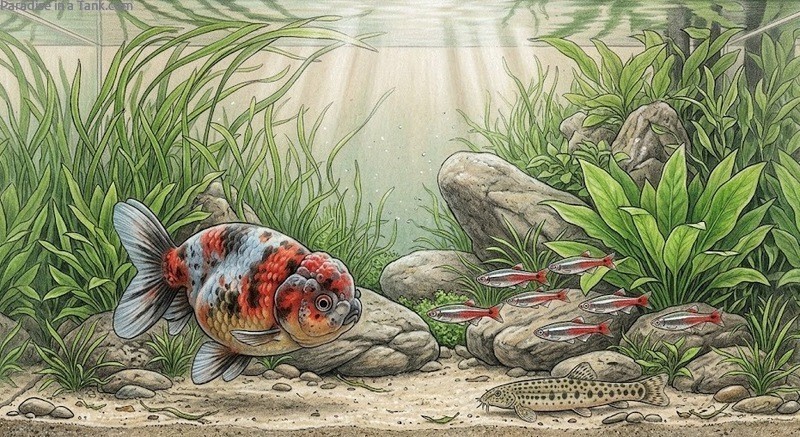 A calico Lionchu Goldfish in a planted tank