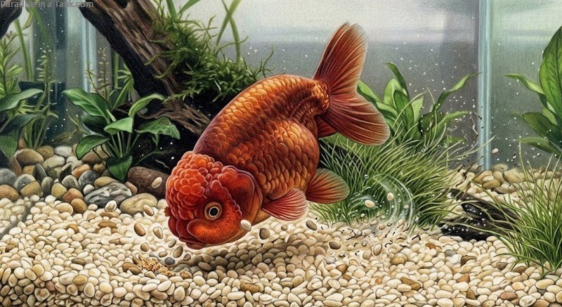 lionhead goldfish looking for food