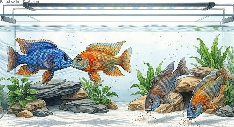 Peacock Cichlids showing natural feeding and aggressive behaviour.