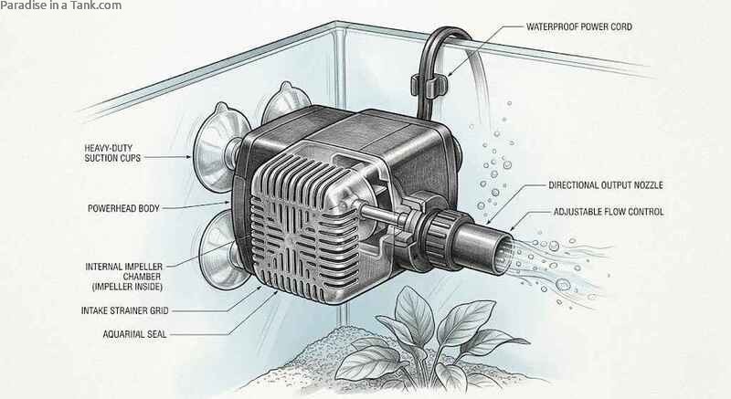 An aquarium powerhead placed in an aquarium.