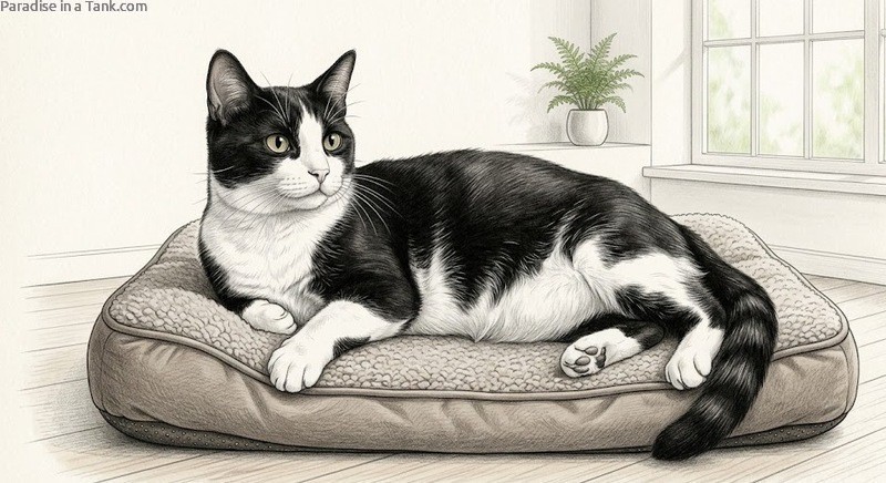 A pregnant cat relaxing on a soft surface