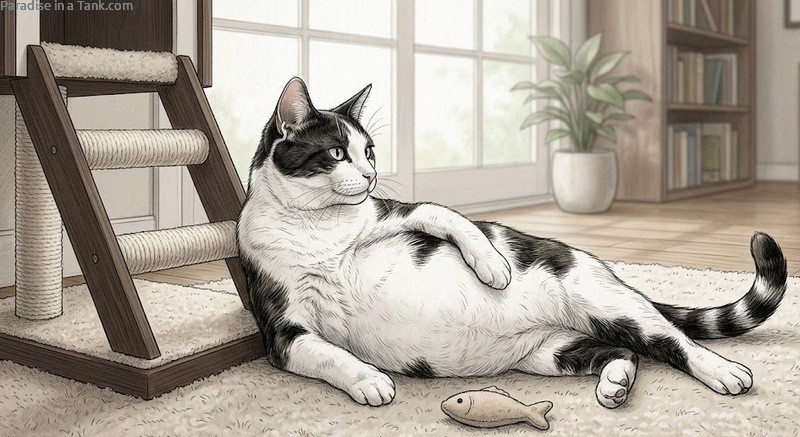 A pregnant cat relaxing next to a cat tree