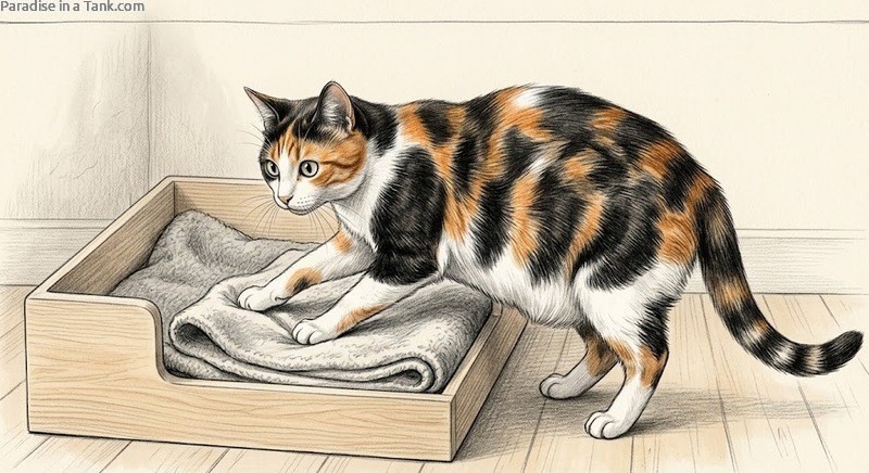 A pregnant cat preparing its nesting area
