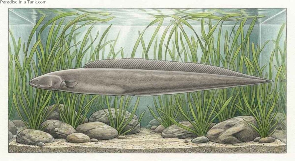Side view of an adult Aba Aba Knifefish displaying its continuous long anal fin.