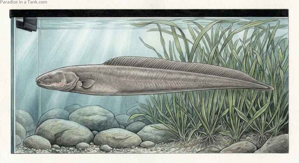 Close up shot of the unique elongated body profile of an Aba Aba Knifefish.