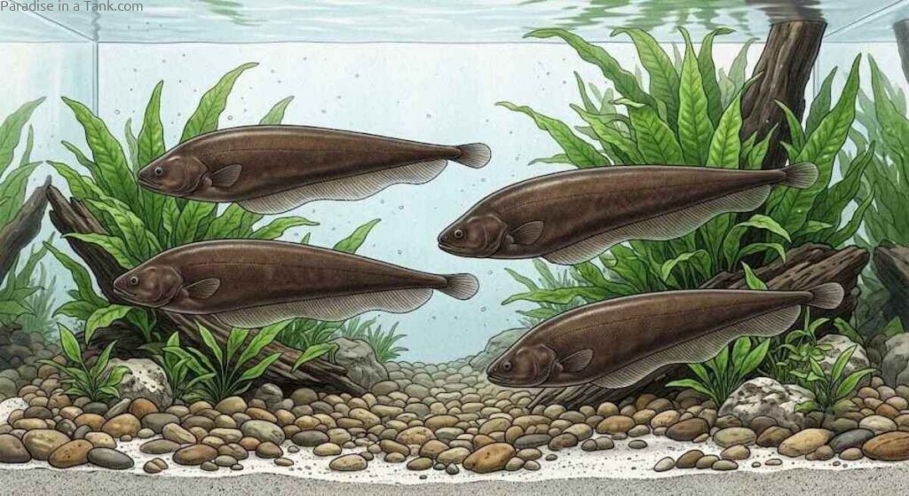 A group of African Brown Knifefish hovering together in an aquarium.