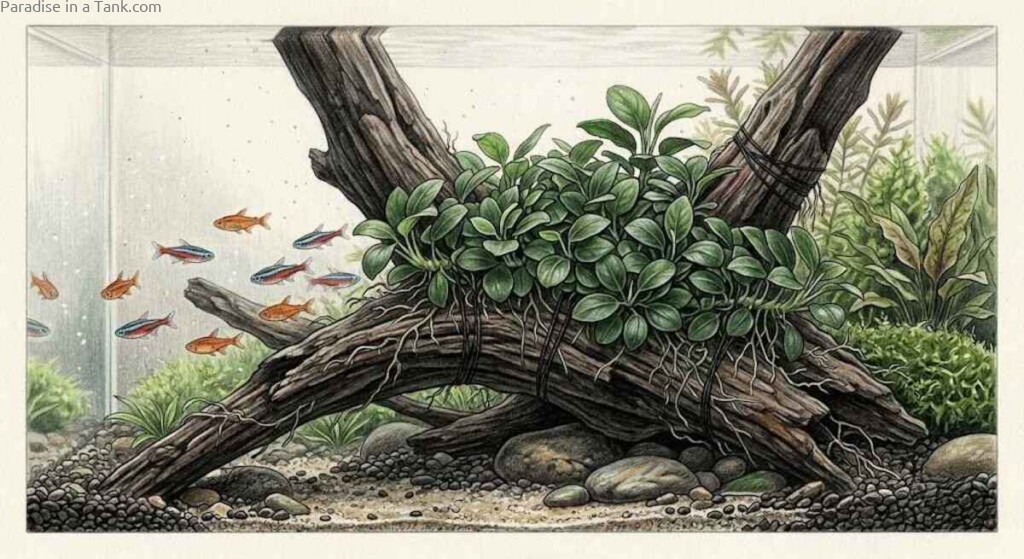 Green Anubias plant attached securely to natural driftwood inside a planted freshwater aquarium.