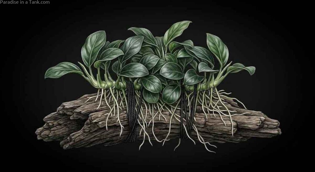 A healthy plant specimen of Anubias tied to driftwood in clear water.