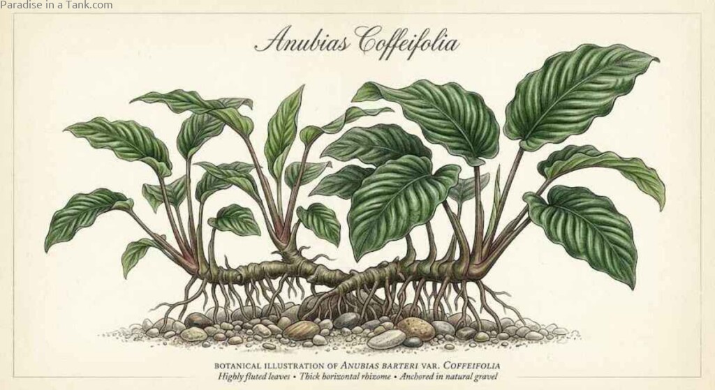 Vibrant green and brown foliage of Anubias Coffeifolia