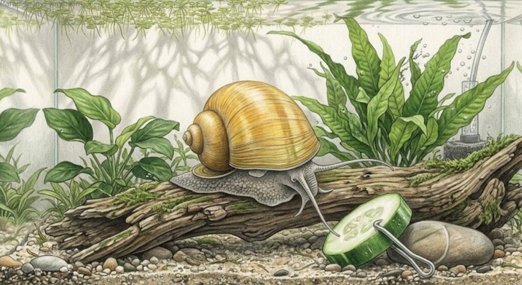 An Apple Snail in a planted tank.