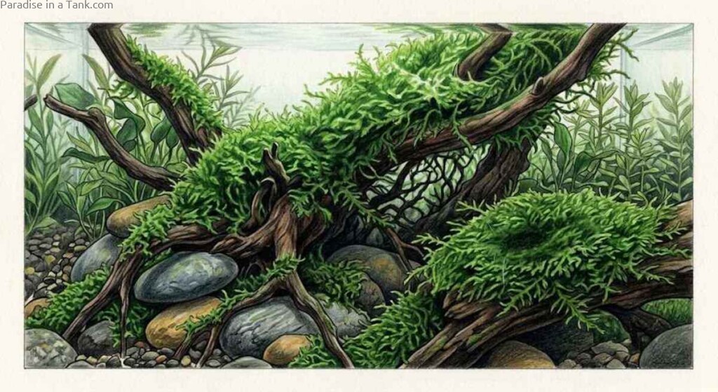 Lush green aquarium moss growing densely over a natural wooden branch underwater.