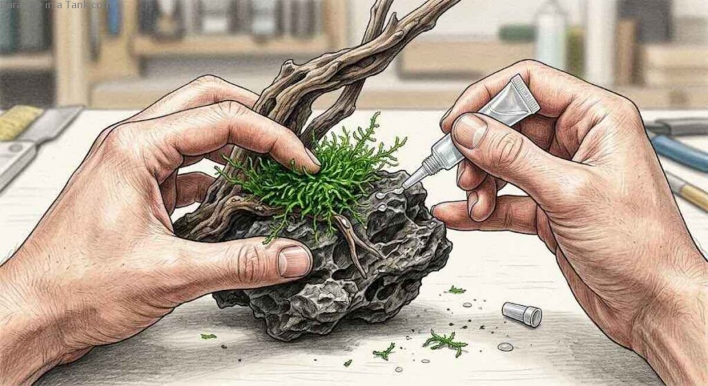 Aquarium moss being glued to hardscape rock with clear gel outside the water.