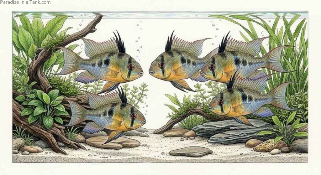 A groups of Bolivian Rams swimming in an aquarium.