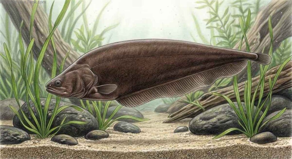 A brown ghost knifefish glides smoothly above the sandy substrate of a freshwater tank.