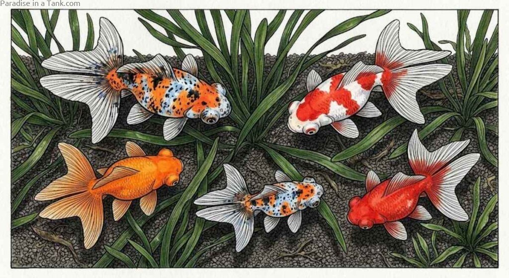 Detailed view of the symmetrical tail fins belonging to a prize butterflytail goldfish.