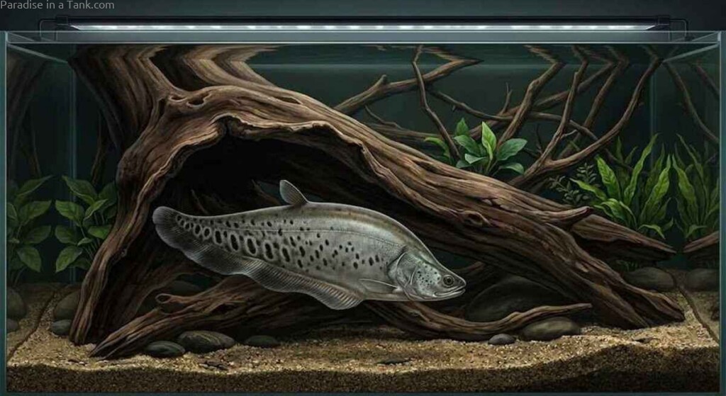 A large clown knifefish gliding gracefully through a dimly lit freshwater aquarium setup.