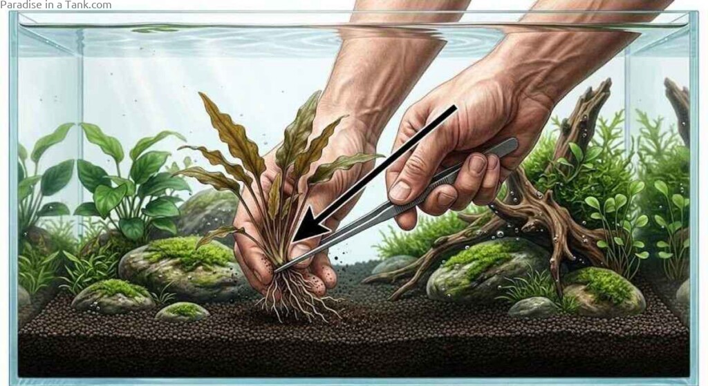 A detailed shot of planting Cryptocoryne with healthy roots in clean water.