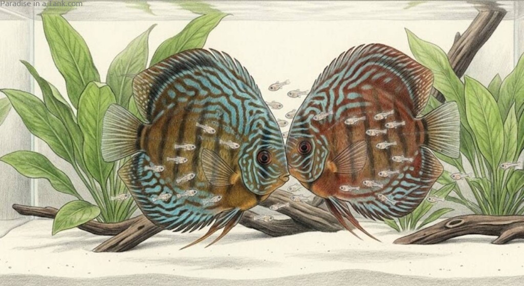 Discus parents feeding baby discus