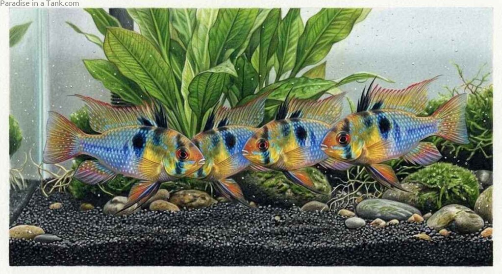 The radiant German Blue Rams colours contrasting beautifully against dark aquarium gravel substrate.