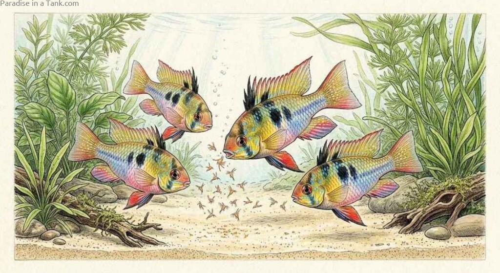 Close up view of German Blue Rams hunting tiny live Artemia.