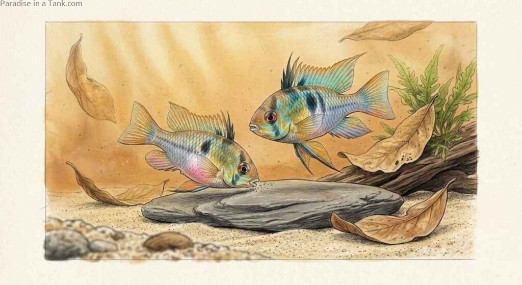 A bonded pair of German blue rams cleaning a flat stone inside the aquarium.