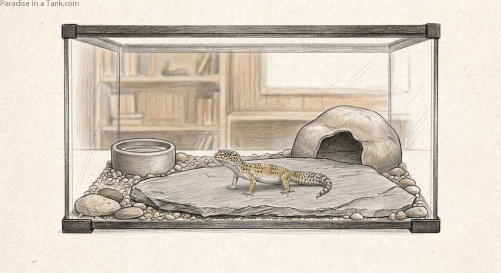 A leopard gecko in a glass tank rests comfortably near a warm hide box.