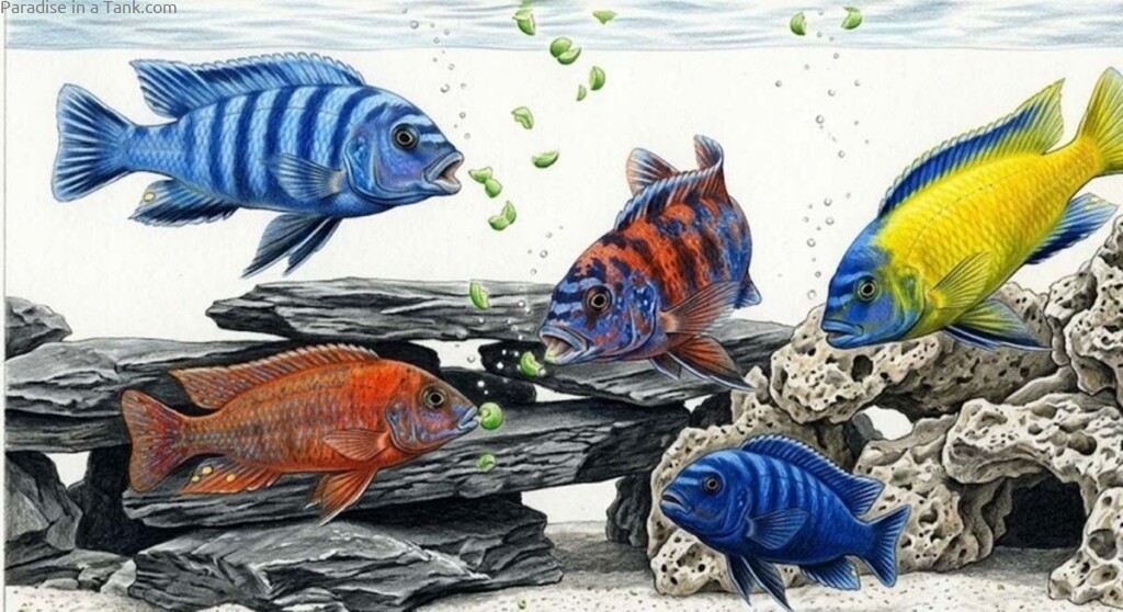 Mbuna Cichlids eating Green Peas