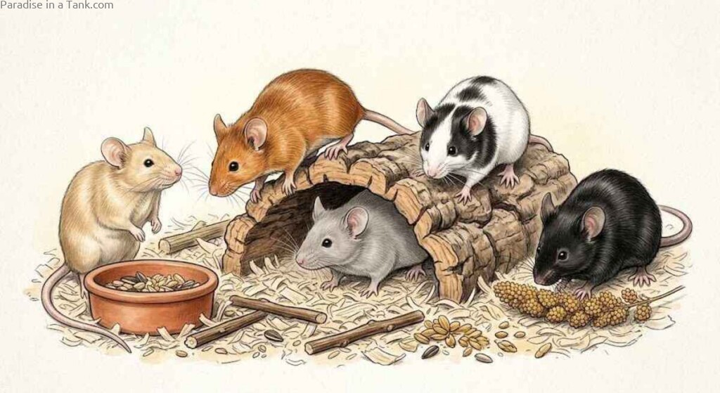 A pet mice group exploring a spacious habitat.